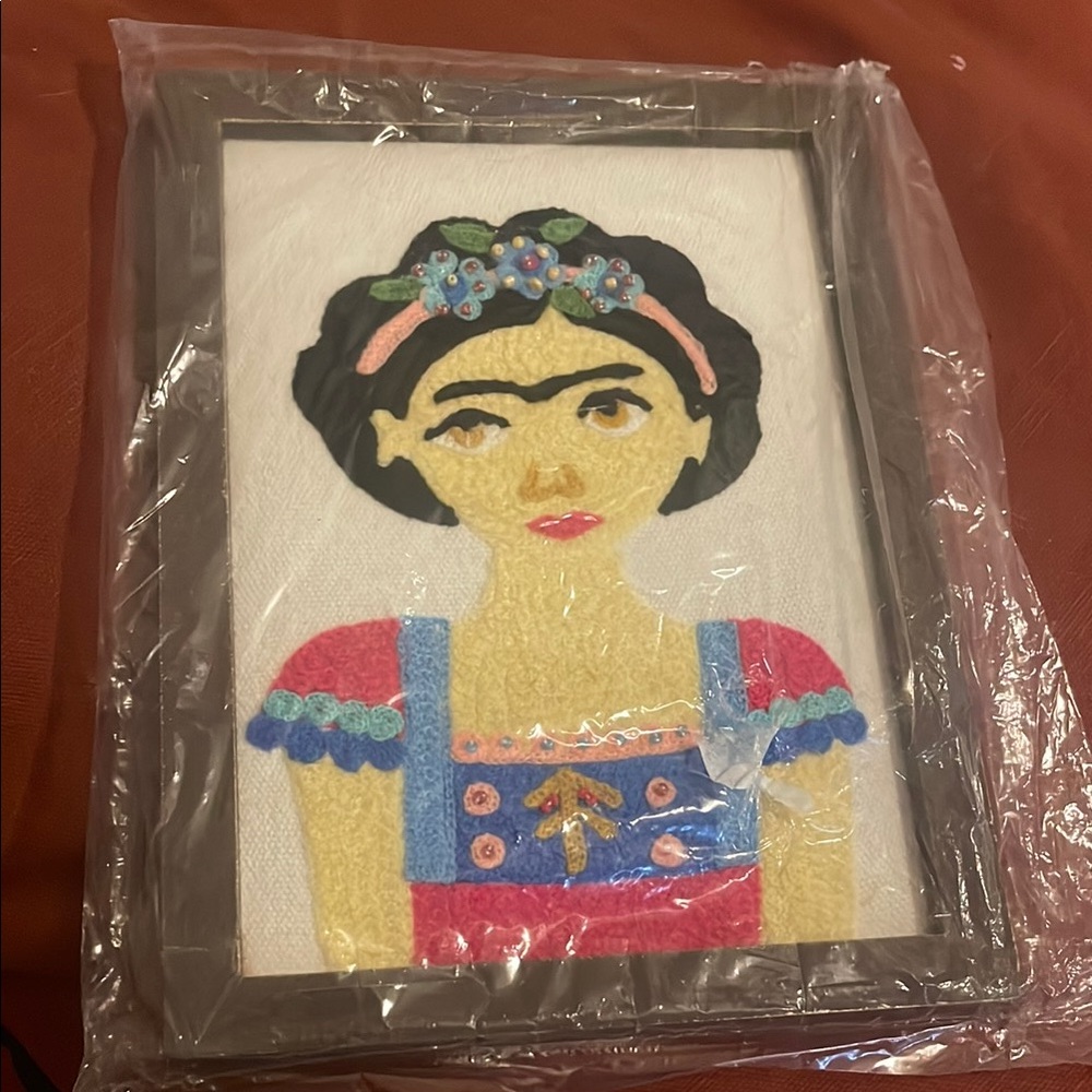 Frida Kahlo picture Embroidered Art in brown Frame